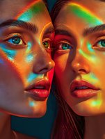 Two young women with vibrant rainbow light projections on faces creating colorful artistic portrait for creative projects and modern beauty concepts.