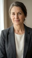 Mature woman with gray hair wearing charcoal blazer and cream top, professional headshot for corporate, business, and executive portraits.