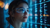 Young Asian female data scientist wearing protective glasses analyzes digital information display with glowing blue numbers and code in modern office environment.