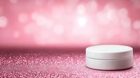 White round cosmetic jar on pink glittery surface with soft bokeh background, luxury skincare product presentation for beauty and spa marketing materials.