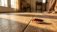 Cockroach crawling on wooden floor in warm sunlit room interior with blurred furniture background for pest control and home hygiene concepts.