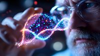Senior male scientist with glasses observing glowing DNA helix structure with colorful particles and bokeh lights in dark laboratory setting, genetic research concept.