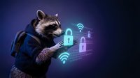 Raccoon hacker in hoodie with glowing cybersecurity icons and padlock symbols on dark blue background for technology and data protection concepts.