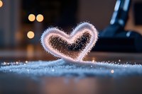 Glowing heart shape drawn with light against dark background with bokeh and frost crystals, creating magical winter atmosphere for romantic designs.