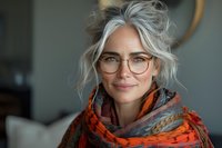 Mature Caucasian woman with silver gray hair, glasses and bright orange scarf smiling warmly at camera. Natural window lighting creates soft portrait atmosphere.