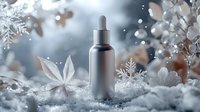 Frosted winter cosmetic bottle mockup with silver dropper on snowy background with crystalline snowflakes and bokeh lights creating magical atmosphere.