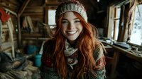 Young redhead woman with bright smile wearing knit beanie and cozy sweater in rustic wooden cabin interior, natural window light creates warm atmospheric mood.