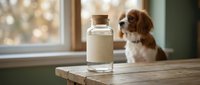 Homemade dog milk in glass bottle on wooden table with adorable cavalier king charles spaniel puppy in background. Natural pet nutrition and healthy treats.