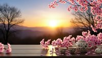 Cherry blossom branch with pink flowers on wooden table at sunrise over mountains, spring morning scene with tea cup and peaceful atmosphere.