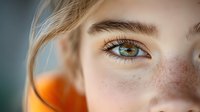 Close up portrait of young woman with bright green eyes, natural freckles and blonde hair wearing orange top against blurred background. Soft natural lighting.