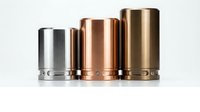 Metallic cylindrical containers in silver, copper and gold finishes arranged in ascending height order on white background for product design.
