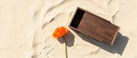 Wooden treasure chest with orange flower on sandy beach with footprints for vacation and adventure themes.