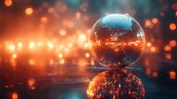 Sparkling disco ball with mirror tiles reflecting warm orange and blue lights creating magical bokeh atmosphere for party and nightlife entertainment backgrounds.