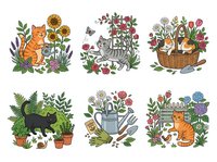 Ginger cat surrounded by wildflowers and foliage, gray tabby among blooming roses and plants, wicker basket filled with tulips and greenery, black cat in lush fern garden with potted plants, watering can with spring flowers and herbs, orange cat near flowering garden gate with hydrangeas. Isolated clipart set for t-shirt designs, stickers, and craft projects.