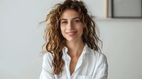 Young Caucasian woman with curly brown hair and natural makeup wearing white button down shirt smiling at camera against light wall background, professional headshot style.