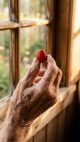 Senior adult hands holding fresh red raspberry by window with natural sunlight, depicting healthy eating, wellness, and homegrown produce for lifestyle and nutrition content.