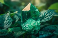 Raw emerald green crystal point on natural green leaves background, showcasing natural mineral formation with translucent structure and healing properties.