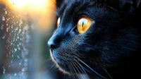 Close up portrait of black cat with bright amber eye against blurred bokeh background, dramatic side lighting creates mysterious atmosphere. Suitable for pet photography and animal art.