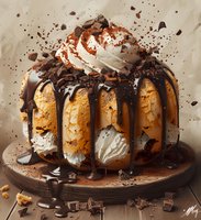 Decadent bundt cake topped with whipped cream, chocolate sauce drizzle, and chocolate shavings on wooden serving board, dramatic food photography style.