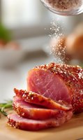 Seasoned and sliced rare tuna steak with spices falling from above, served on wooden cutting board. Fresh herbs garnish complements pink center of seared fish.