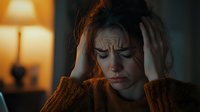Woman in brown sweater experiencing severe headache or emotional distress, holding head in hands against warm-lit background, portraying mental health struggle.