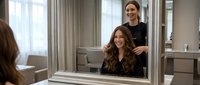 Professional hairstylist working with brunette client in modern salon mirror reflection showing hair styling service and beauty treatment consultation.
