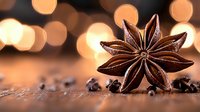 Star anise spice on wooden surface with scattered black peppercorns against warm bokeh background, macro food photography for culinary and aromatic concepts.