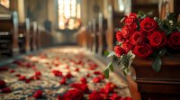 Red roses and scattered petals line church aisle with wooden pews and soft bokeh lighting, creating romantic wedding ceremony atmosphere.