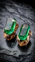 Raw emerald crystals embedded in brown host rock matrix on dark slate surface showcasing natural mineral formation and geological specimens for jewelry making.