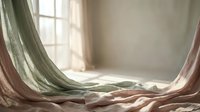 Sheer curtains in soft green and mauve tones billow near a bright window, creating an airy, serene interior design scene for home decor and lifestyle projects.