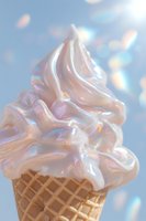 Soft serve vanilla ice cream in waffle cone with iridescent holographic bokeh light effects against pastel blue background, close up macro photography.