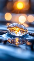 Macro water drop with golden sunset light reflection creating magical atmosphere on blue surface with bokeh background and mirror effect.
