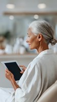 Profile view of elegant senior woman with gray hair in bun wearing white bathrobe using digital tablet in spa or wellness center.