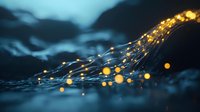 Glowing golden light trails flow across dark water surface creating magical ethereal effect, bokeh lights reflecting in ripples for mystical atmosphere.