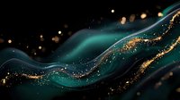 Luxurious dark teal waves with flowing golden glitter particles on black background create elegant abstract design for luxury branding and decorative art.