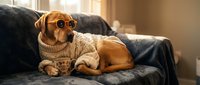 Small brown dog wearing knitted sweater and orange glasses sitting on gray couch in cozy living room with warm sunlight streaming through window.
