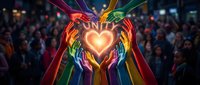 Hands holding glowing neon heart with rainbow light trails at night event, symbolizing love, unity, and celebration for community gatherings.