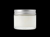 Glass jar with white cream and silver lid, isolated on transparent background. Ready for cosmetic packaging mockups, stickers, print on demand, and T-shirt design use.