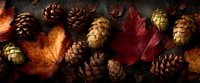 Autumn composition with pine cones, hop cones, and vibrant maple leaves on dark rustic background, creating seasonal harvest atmosphere.
