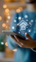 Smart home automation concept with glowing house icon and connected devices floating above mobile phone screen, bokeh background in warm tones.