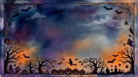 Watercolor Halloween frame with bats, pumpkins, witch, ghosts, and spooky trees on a dark purple and orange sky background.