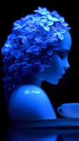 Silhouette of woman with blue hydrangea flowers as hair against dark background, dramatic side profile portrait with teacup, artistic surreal composition.