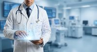 Male doctor using digital tablet with holographic medical data display in modern hospital setting for healthcare technology applications.