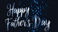 Happy Father's Day silver glitter calligraphy text on dark background with blue bokeh sparkles, festive greeting card design.