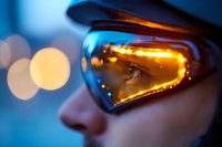 Futuristic smart glasses with glowing orange LED display reflecting on lens surface against blurred city lights background, close-up side view profile.