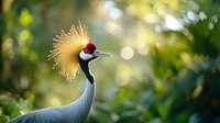 Majestic grey crowned crane with distinctive golden feather crown against blurred natural green background with bokeh lights, wildlife portrait in soft light.
