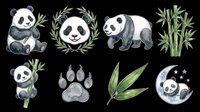 Watercolor panda clipart set with bamboo, paw print, and moon scene, isolated on transparent background. Great for stickers, t-shirt design, and print on demand.