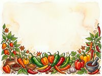 Watercolor illustration of fresh vegetables arranged in a decorative border with peppers, tomatoes, and herbs on aged paper background. Suitable for recipe cards, menus, and culinary designs.