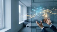 Businessman hands presenting holographic digital network connections with glowing data streams in modern office environment for technology presentations.