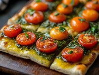 Homemade flatbread topped with vibrant pesto sauce and roasted cherry tomatoes on rustic wooden board, fresh herbs garnish creates appetizing Mediterranean meal.